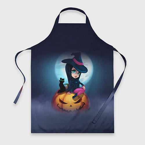 Фартук Маленькая прикольная ведьмочка с милым котёнком / 3D-принт – фото 1