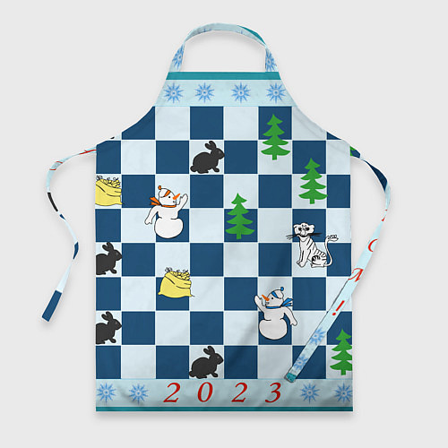Фартук Новогодняя шахматная доска со снеговиком и кролика / 3D-принт – фото 1