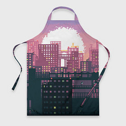 Фартук кулинарный Пиксельный пейзаж города - закат, цвет: 3D-принт