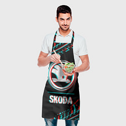 Фартук кулинарный Значок Skoda в стиле glitch на темном фоне, цвет: 3D-принт — фото 2