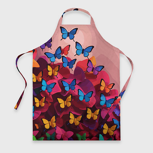 Фартук Разноцветные бабочки - розовые цветы / 3D-принт – фото 1