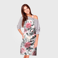 Фартук кулинарный Розовые розы и серые листочки - паттерн, цвет: 3D-принт — фото 2