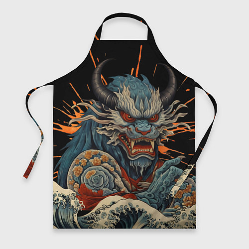 Фартук Японский дракон и волны в стиле тату ирезуми / 3D-принт – фото 1
