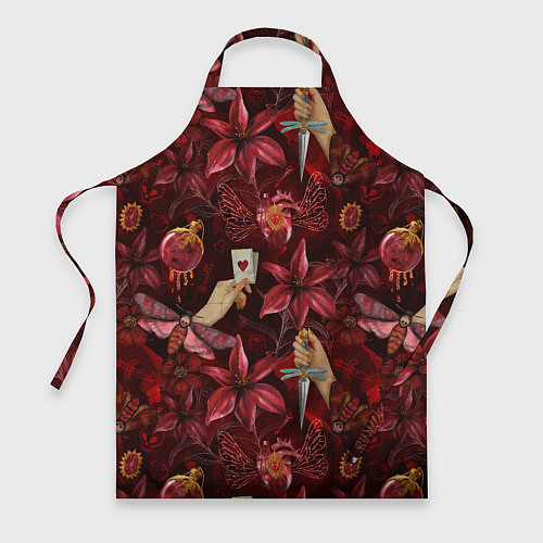 Фартук Бордовая готика с сердцем, лилиями и мотыльками / 3D-принт – фото 1