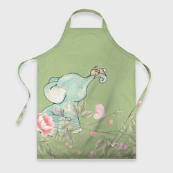 Фартук Слоненок с зайчиком в цветах на зеленом