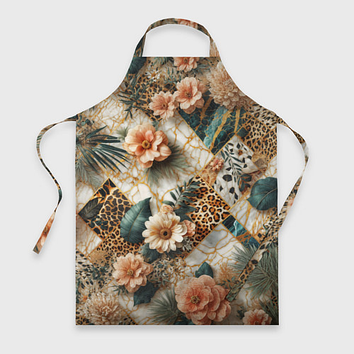 Фартук Цветы на кусках мрамора и леопардовом узоре / 3D-принт – фото 1