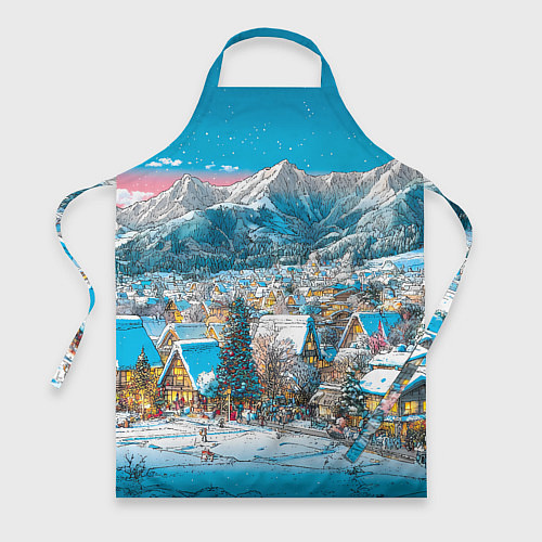 Фартук Новогодняя деревушка в горах / 3D-принт – фото 1