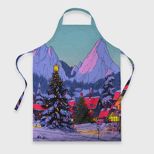 Фартук Новогодние елки в горном городке / 3D-принт – фото 1