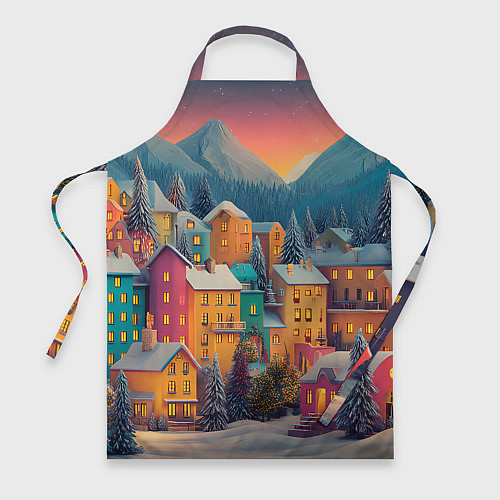 Фартук Новогодний город в горах / 3D-принт – фото 1