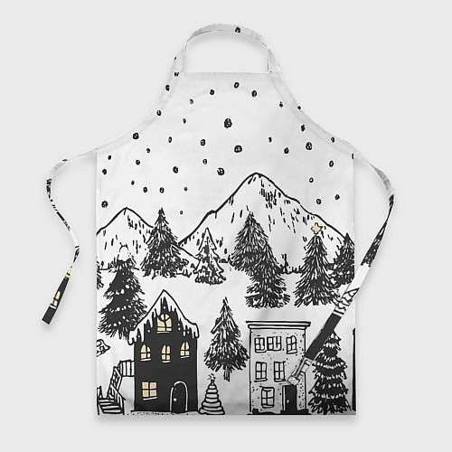 Фартук Заснеженный черно-белый город / 3D-принт – фото 1
