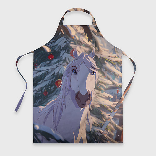 Фартук Белая лошадь на фоне елки / 3D-принт – фото 1