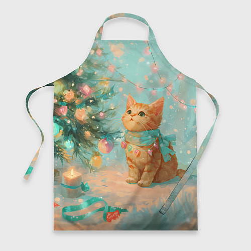 Фартук Милый рыжий котенок любуется елкой / 3D-принт – фото 1