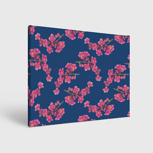 Картина прямоугольная Веточки айвы с розовыми цветами на синем фоне / 3D-принт – фото 1