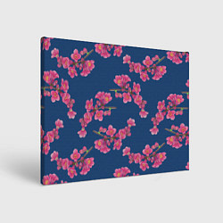 Холст прямоугольный Веточки айвы с розовыми цветами на синем фоне, цвет: 3D-принт
