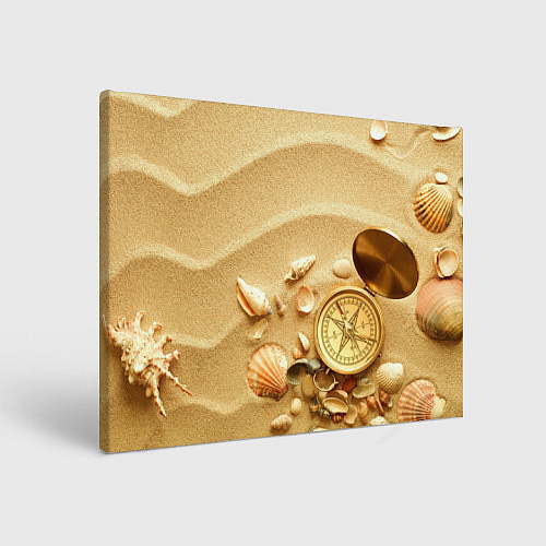 Картина прямоугольная Композиция из ракушек и компаса на песке / 3D-принт – фото 1