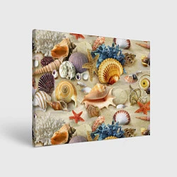 Холст прямоугольный Морские раковины, кораллы, морские звёзды на песке, цвет: 3D-принт
