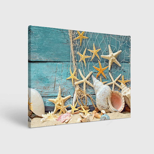 Картина прямоугольная Натюрморт из сети, морских звёзд и ракушек - лето / 3D-принт – фото 1
