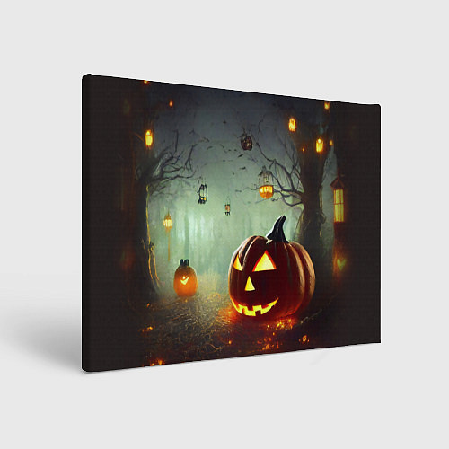 Картина прямоугольная Тыква на Хэллоуин в ночном туманном лесу / 3D-принт – фото 1
