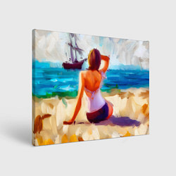 Холст прямоугольный Нейросеть - картина девушка на пляже, цвет: 3D-принт
