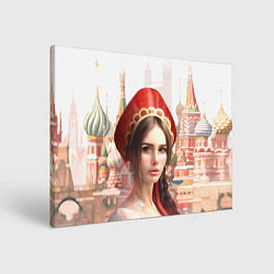Холст прямоугольный Девушка в кокошнике с косой - кремль, цвет: 3D-принт