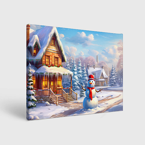Картина прямоугольная Новогодняя деревня и снеговик / 3D-принт – фото 1