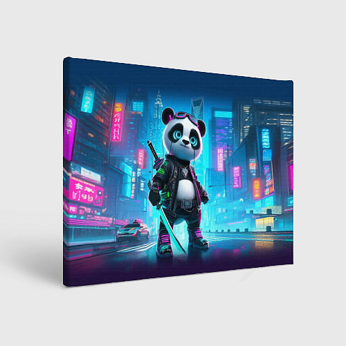 Картина прямоугольная Панда кибер самурай в ночном Нью-Йорке / 3D-принт – фото 1
