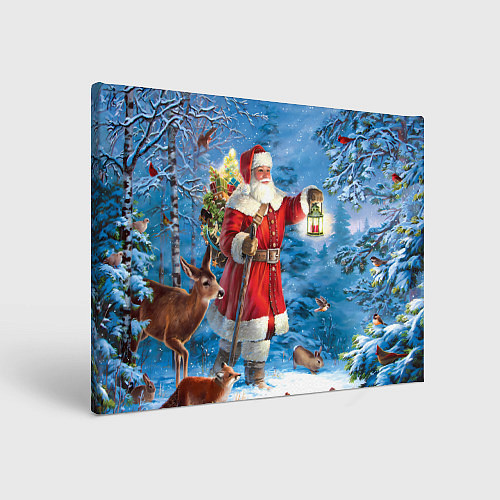 Картина прямоугольная Дед Мороз в лесу с животными / 3D-принт – фото 1