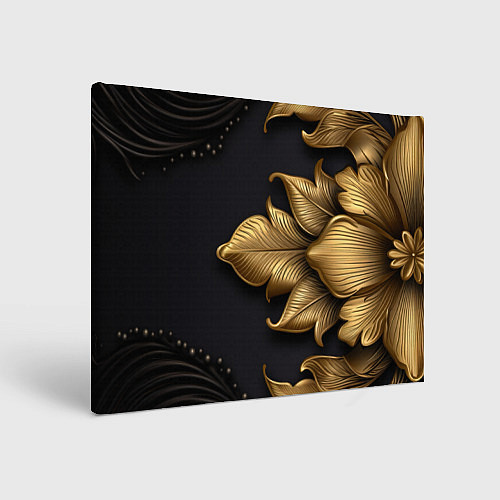 Картина прямоугольная Золотые объемные листья на черном фоне / 3D-принт – фото 1