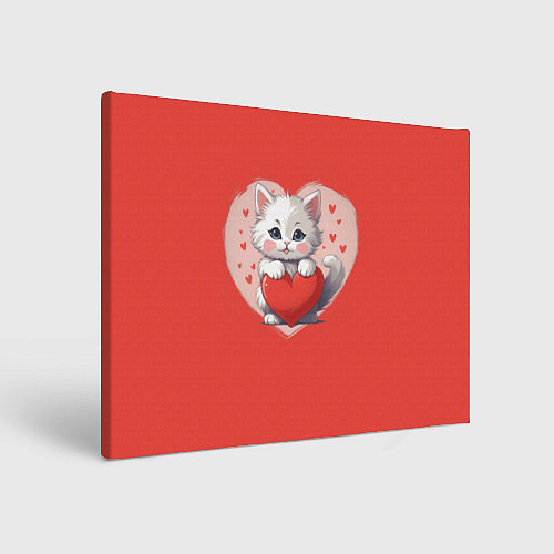 Картина прямоугольная Мультяшный котенок держит красное сердечко / 3D-принт – фото 1