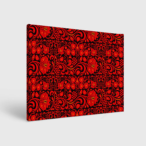 Картина прямоугольная Хохломская роспись красные цветы и ягоды на чёрном / 3D-принт – фото 1