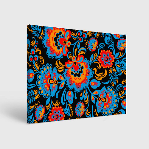 Картина прямоугольная Хохломская роспись разноцветные цветы на чёроном ф / 3D-принт – фото 1