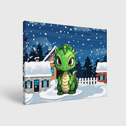 Холст прямоугольный Маленький зеленый новогодний дракон на фоне снега, цвет: 3D-принт