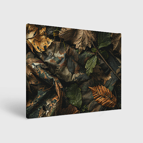 Картина прямоугольная Реалистичный охотничий камуфляж из ткани и листьев / 3D-принт – фото 1