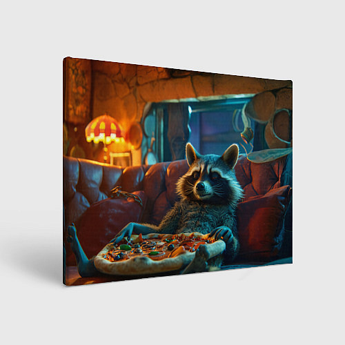 Картина прямоугольная Енот с пиццей на диване / 3D-принт – фото 1