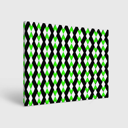 Картина прямоугольная Зелёные и белые ромбы на чёрном фоне / 3D-принт – фото 1