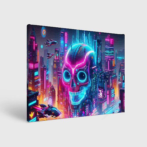 Картина прямоугольная Neon skull in metropolis - future / 3D-принт – фото 1