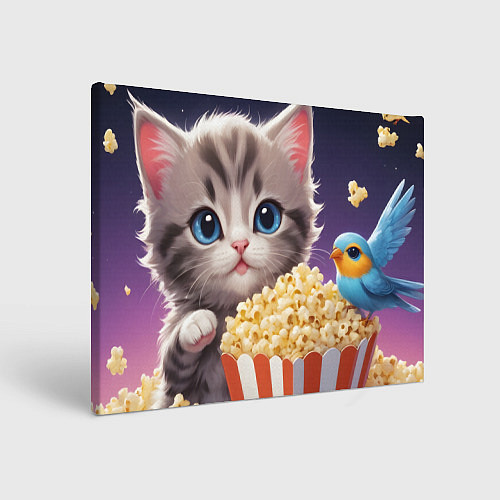 Картина прямоугольная Котенок и поп-корн / 3D-принт – фото 1