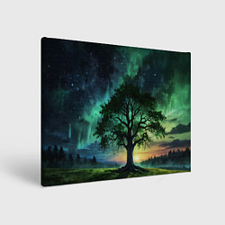 Холст прямоугольный Дерево под северным сиянием, цвет: 3D-принт