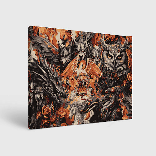 Картина прямоугольная Логотип Queen на фоне мифических животных / 3D-принт – фото 1