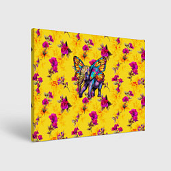 Холст прямоугольный Слон с крыльями бабочки на цветочном фоне, цвет: 3D-принт