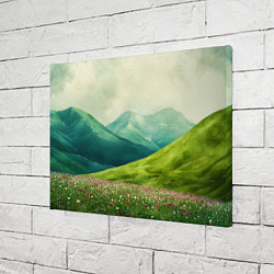 Холст прямоугольный Горы и поле с цветами - зеленый пейзаж, цвет: 3D-принт — фото 2
