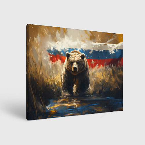 Картина прямоугольная Медведь и флаг РФ в поле / 3D-принт – фото 1