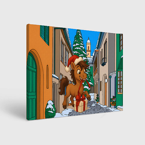 Картина прямоугольная Лошадка распаковывает новогодний подарок / 3D-принт – фото 1