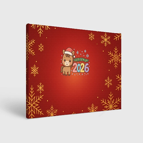 Картина прямоугольная Новогодняя лошадка 2026 на красном фоне / 3D-принт – фото 1