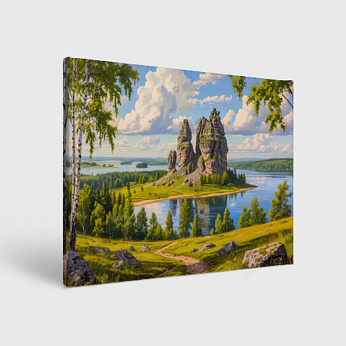 Картина прямоугольная Скалы у озера: песнь лета / 3D-принт – фото 1