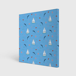 Холст квадратный Море, дельфины, парусник, цвет: 3D-принт