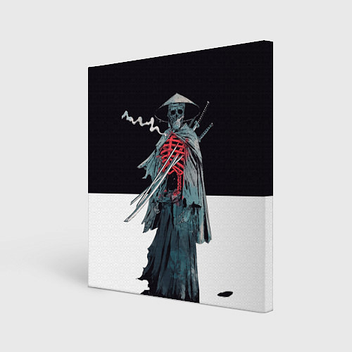 Картина квадратная Скелет Самурай с трубкой на черно белом фоне / 3D-принт – фото 1