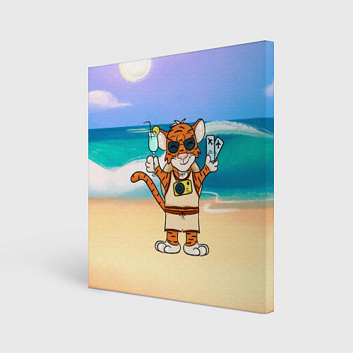 Картина квадратная Тигр в отпуске на новый год на море / 3D-принт – фото 1