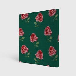 Холст квадратный Ярко красные розы на темно-зеленом фоне, цвет: 3D-принт