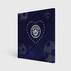 Холст квадратный Лого Manchester City в сердечке на фоне мячей, цвет: 3D-принт